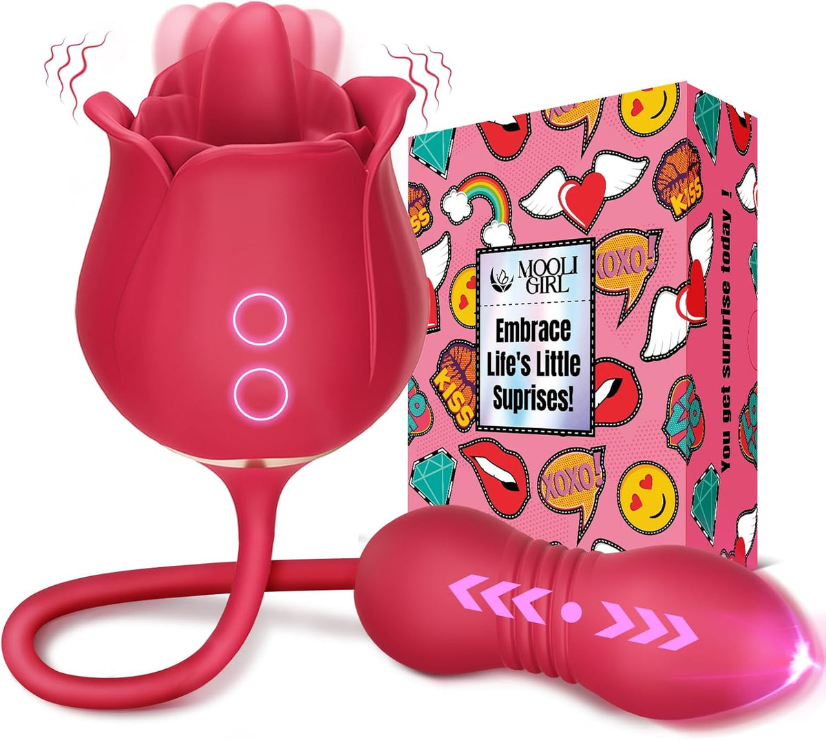 MOOLIGIRL Rose Sex Toys Dildo Vibrator - 3in1 Adult Toys Sex Stimulator for Women with 9 Tongue Licking & Thrusting G Spot Vibrators, Adult Anal Sex Toy Clitoral Nipple Licker for Woman Man Couples