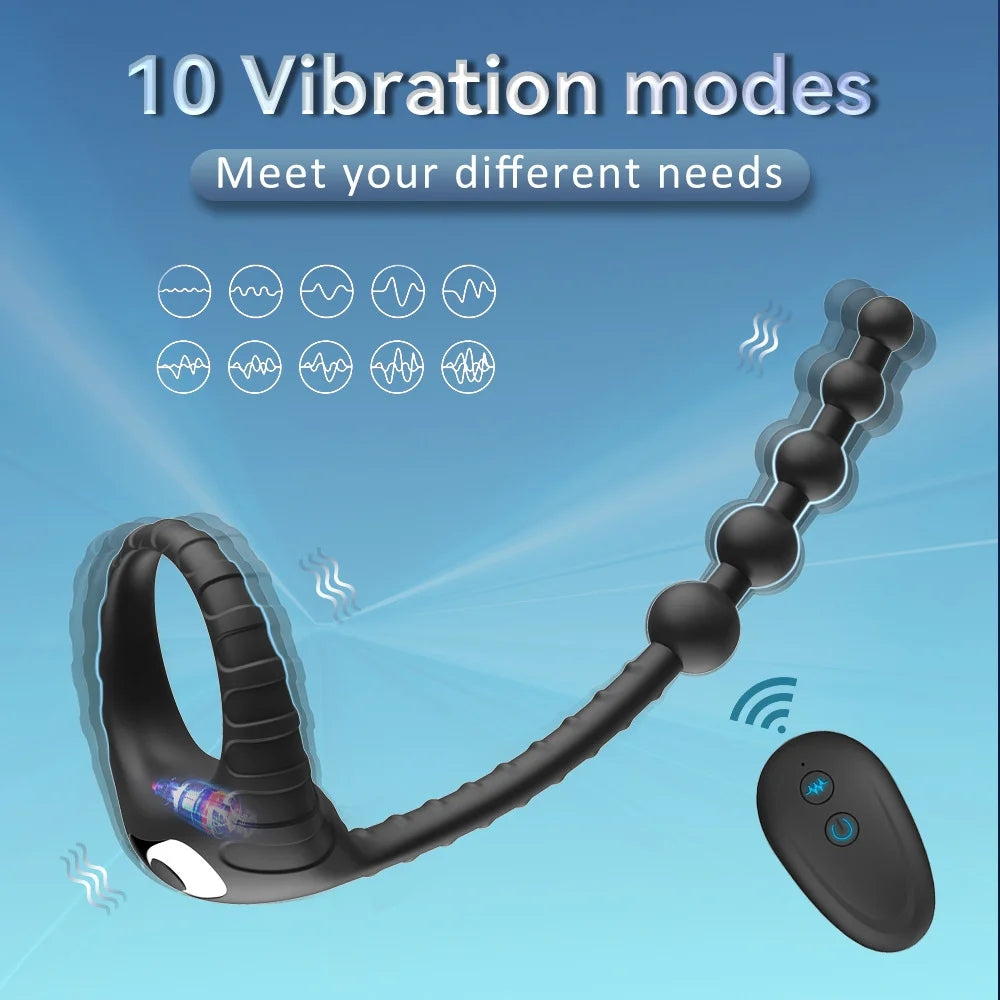 10 Frequency Vibration Cock Ring With Bead Pulling Prostate Massager