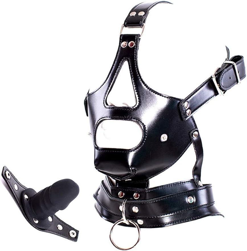 Leather Bondage with Detachable Silicone Dildo Mouth Gag Adjustable Head Harness