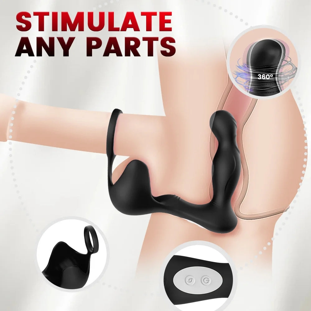 Triple Peasure Rotating & Vibrating Prostate Massager With Penis Ring