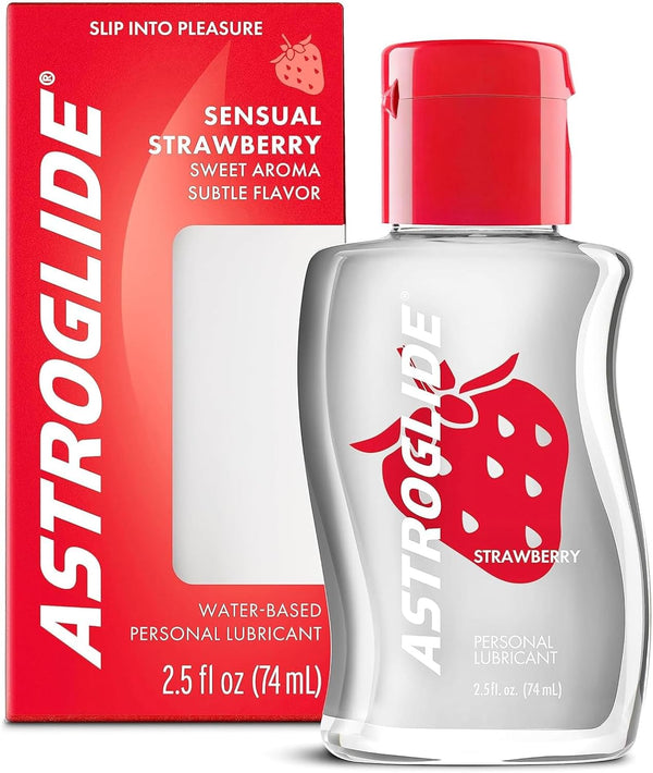 Astroglide Water Based Flavored Lube (2.5oz), Edible Strawberry Personal Lubricant for Long-Lasting Pleasure for Men, Women and Couples, Safe for Toys, Travel-Friendly Size