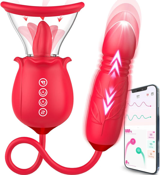 Rose Sex Toy for Womens Sex - 3in1 Upgrade Rose Sex Stimulator for Women with 7 Tongue Licking & 3 Thrusting Vibrator Dildo Adult Sex Toys for Couples G Spot Vibrators Clitoral Nipple