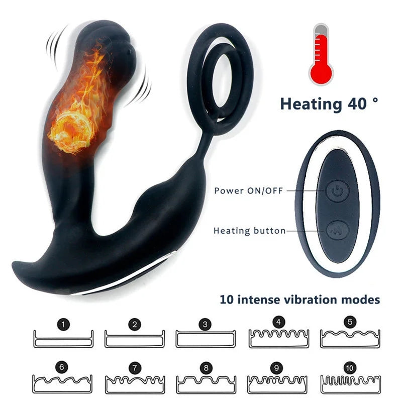 Wireless Remote Control Heating Vibration Prostate Massager With Penis Ring