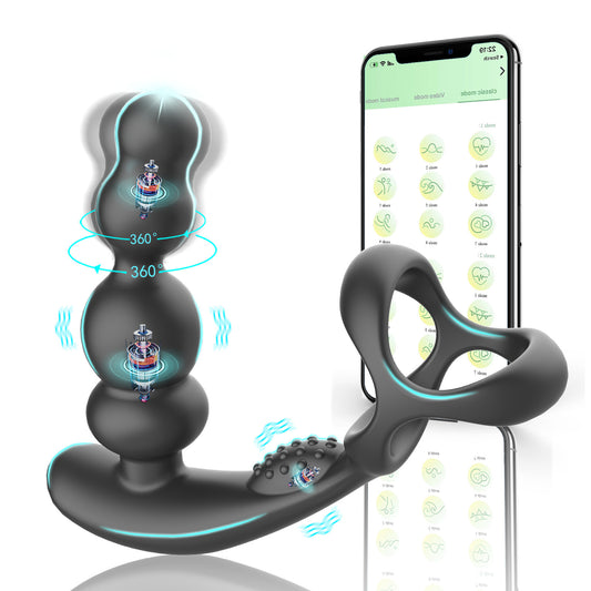 Wireless Control Male Prostate Massager Vibrator 360°Rotate with Penis Ring Butt Plug