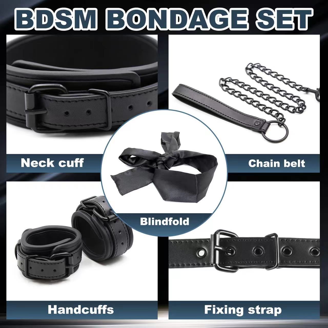 Sex Restraints Neck to Wrist Kit with Traction Chain Back Handcuffs Collar