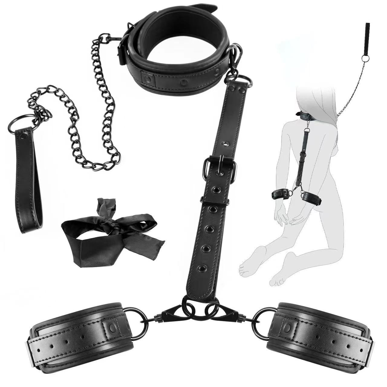 Sex Restraints Neck to Wrist Kit with Traction Chain Back Handcuffs Collar