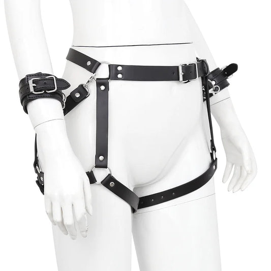 Slave PU Leather Harness with Handcuffs Erotic Waistband Garter Belt