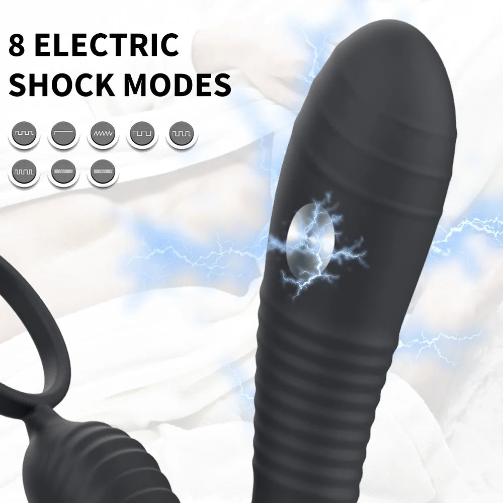 Wireless Remote Control Electric Shock Prostate Massager With Double Penis Ring