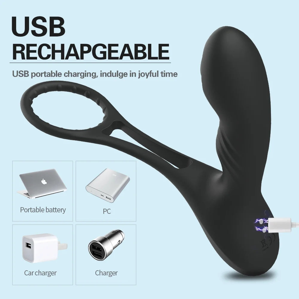 10 Vibration Mode Men Butt Plug Heating Prostate Massager Delay Ejaculation Ring