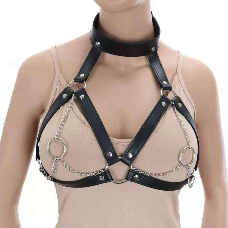 Women's Leather Chain Lingerie, Open Breast Binding Bra, Women's Sexy Club  Lingerie, BDSM Bondage Girdle