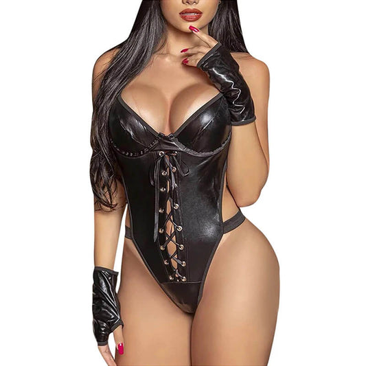 Latex Leather Sexy Lingerie V Neck Teddies Bodysuit Plus Size Women Hollow Out