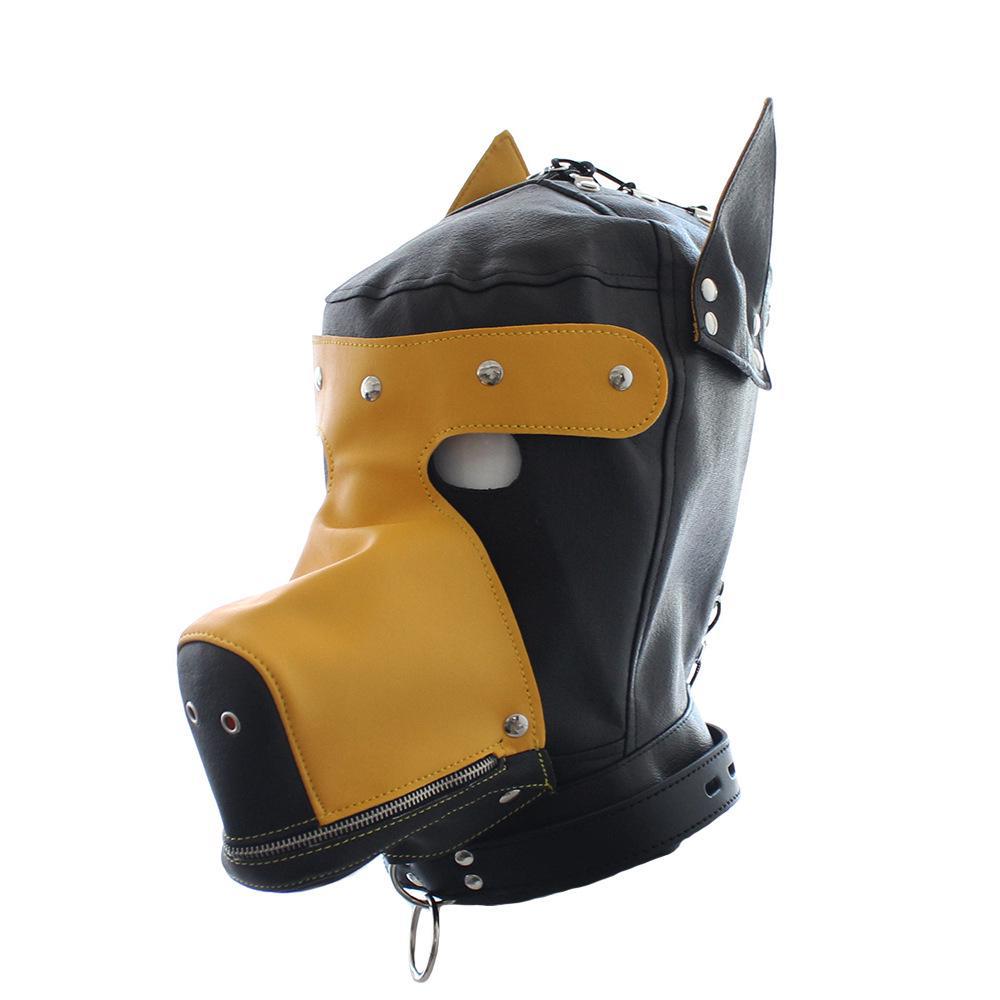 Leather SM Hood Dog Mask Head Harness Collar Leash Mouth Gag Bondage