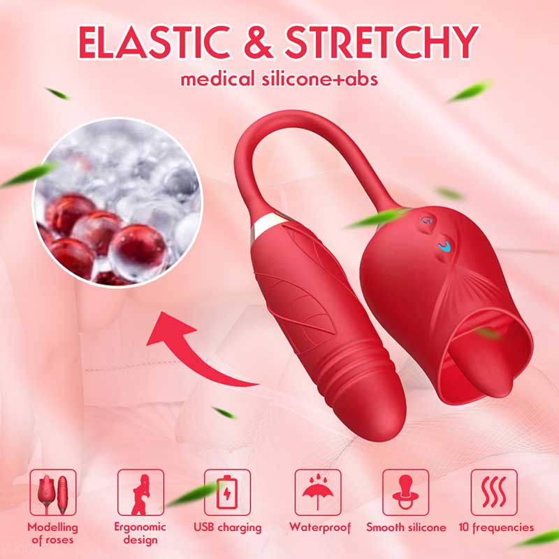 10 Frequencies Double Head Rose Toy Vibrator w/ Thrusting Dildo-vibrator-ZhenDuo Sex Shop-ZhenDuo Sex Shop